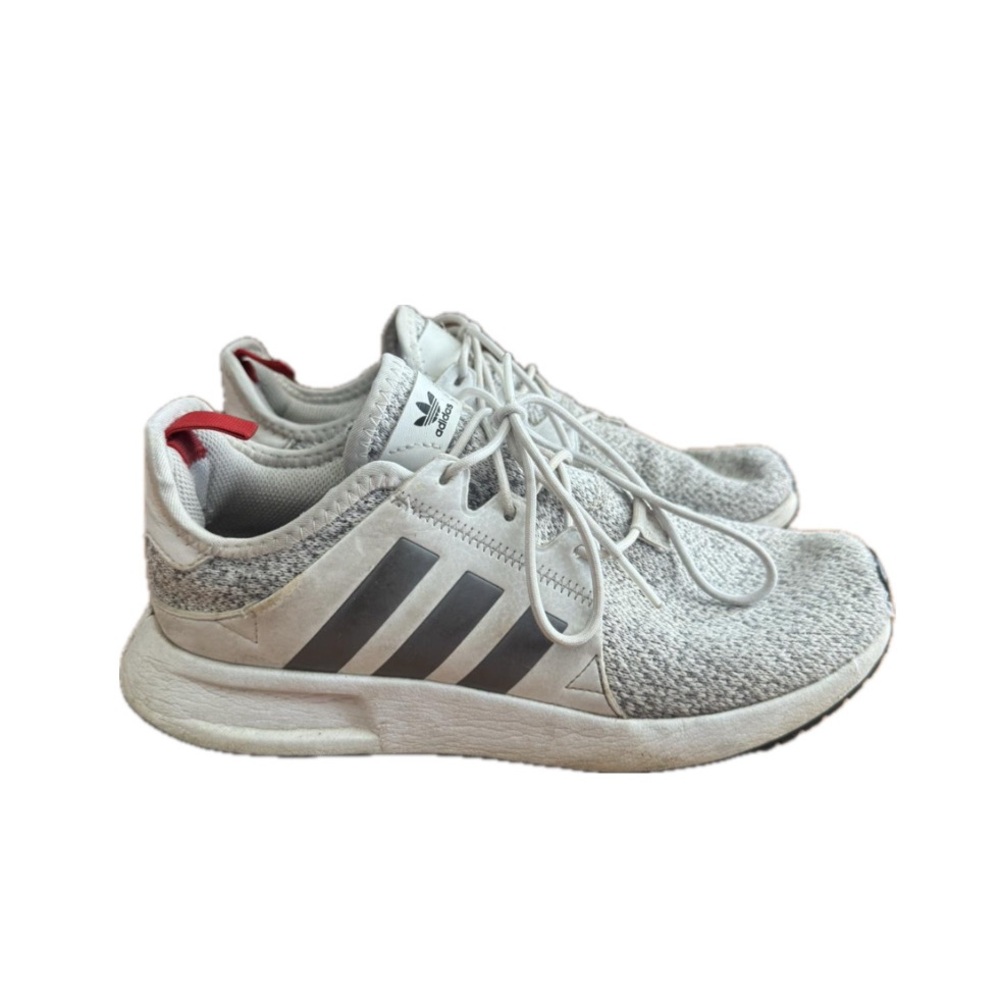 Adidas Light Gray Knit Running Sneakers with Dark Gray Stripes and Red Heel Tab